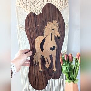 Vintage 17" Rosewood Marquetry Horse Plaque – Handcrafted in India